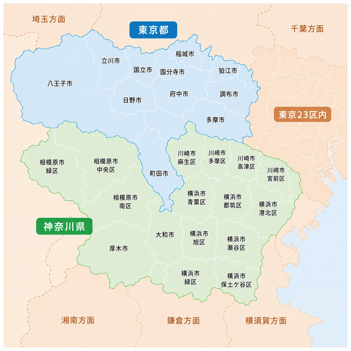 対応エリアマップ|東京11市(町田・八王子ほか)と神奈川16市区(相模原・川崎・横浜北部ほか)に対応